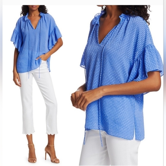 Alice + Olivia Tops - Alice + Olivia Julius Ruffle Peasant Blouse Blue Top Solid  Swiss Dot Ties  XS